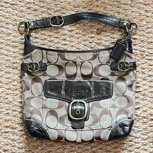 Vintage coach brown signature canvas leather sufflette cloth shoulder bag